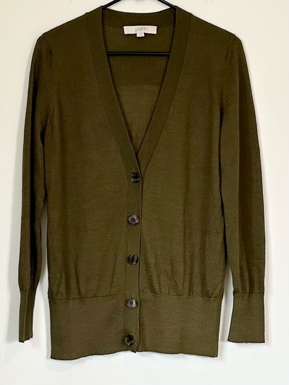 LOFT Olive Green V-Neck Button Wool Blend Cardigan - Size: Medium - Picture 2 of 6